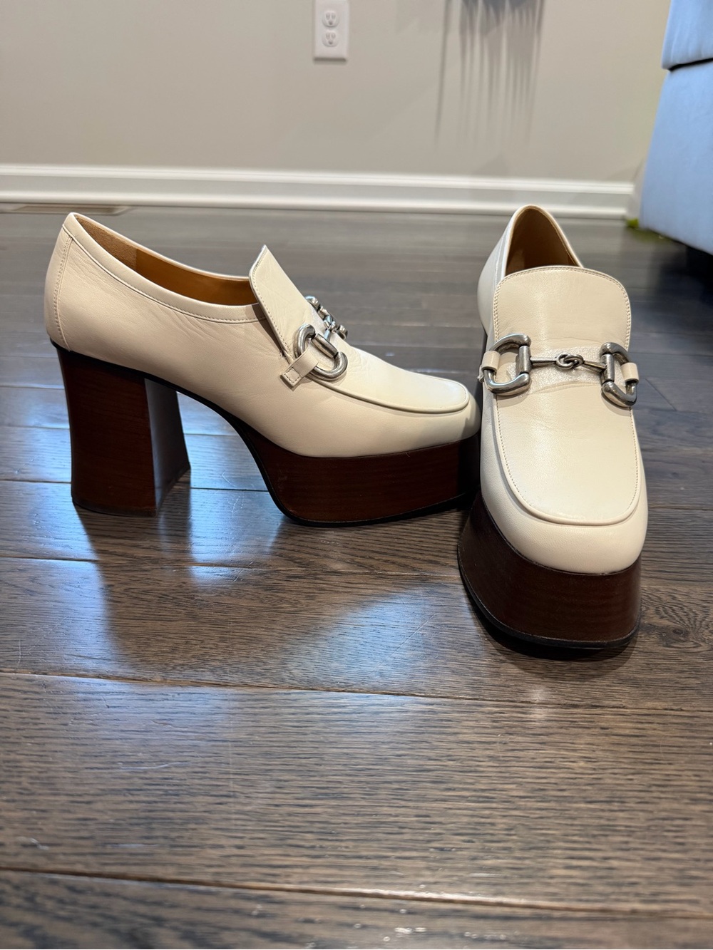 Gucci Cream Platform Loafers with Silver Bit Accent